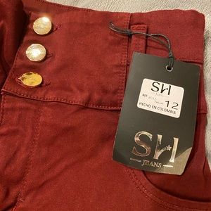 NWT stretch jeans, burgundy denim, high waisted skinny, butt lifting gold accent